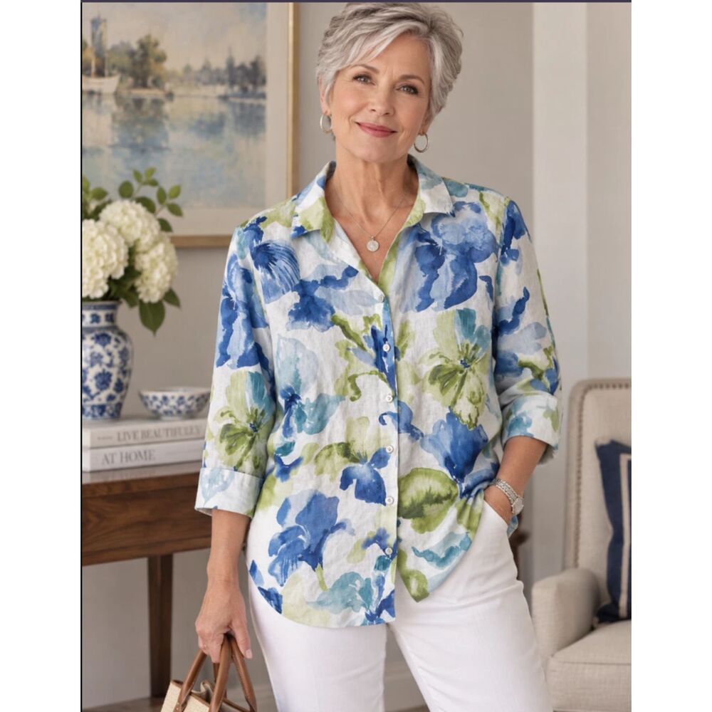 Chico's 100% Linen Coastal Blue Green Floral 3/4 Sleeve Button Up Blouse Size 12